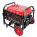 A red and black PowerSmart portable generator with large wheels, multiple power outlets, and a 9625W label is shown on a white background.