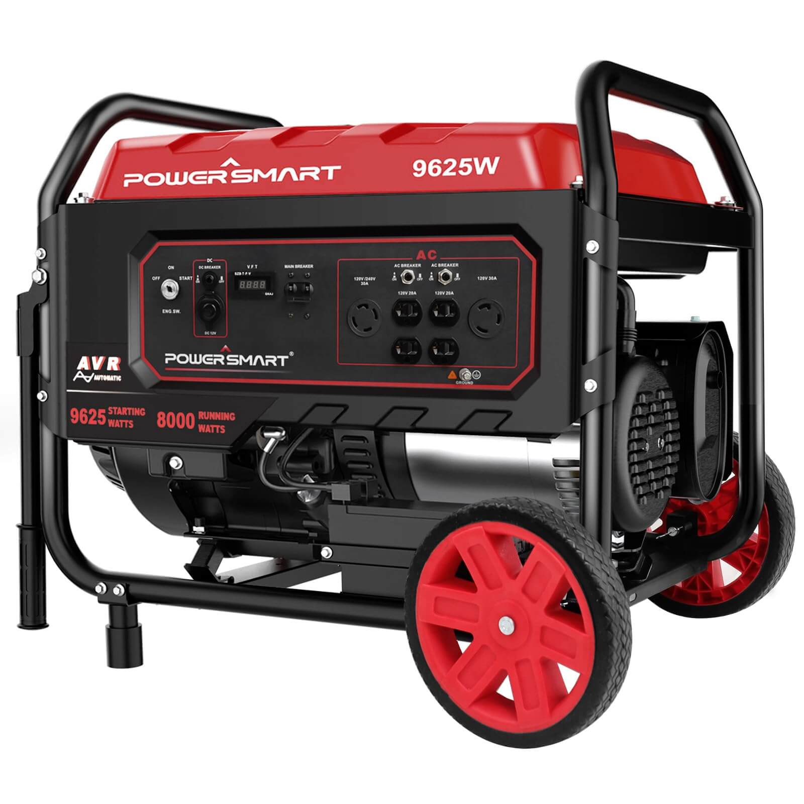 The PowerSmart portable generator features red and black housing, a control panel with outlets and switches, large red wheels, a handle, and delivers 9625 starting watts and 8000 running watts.