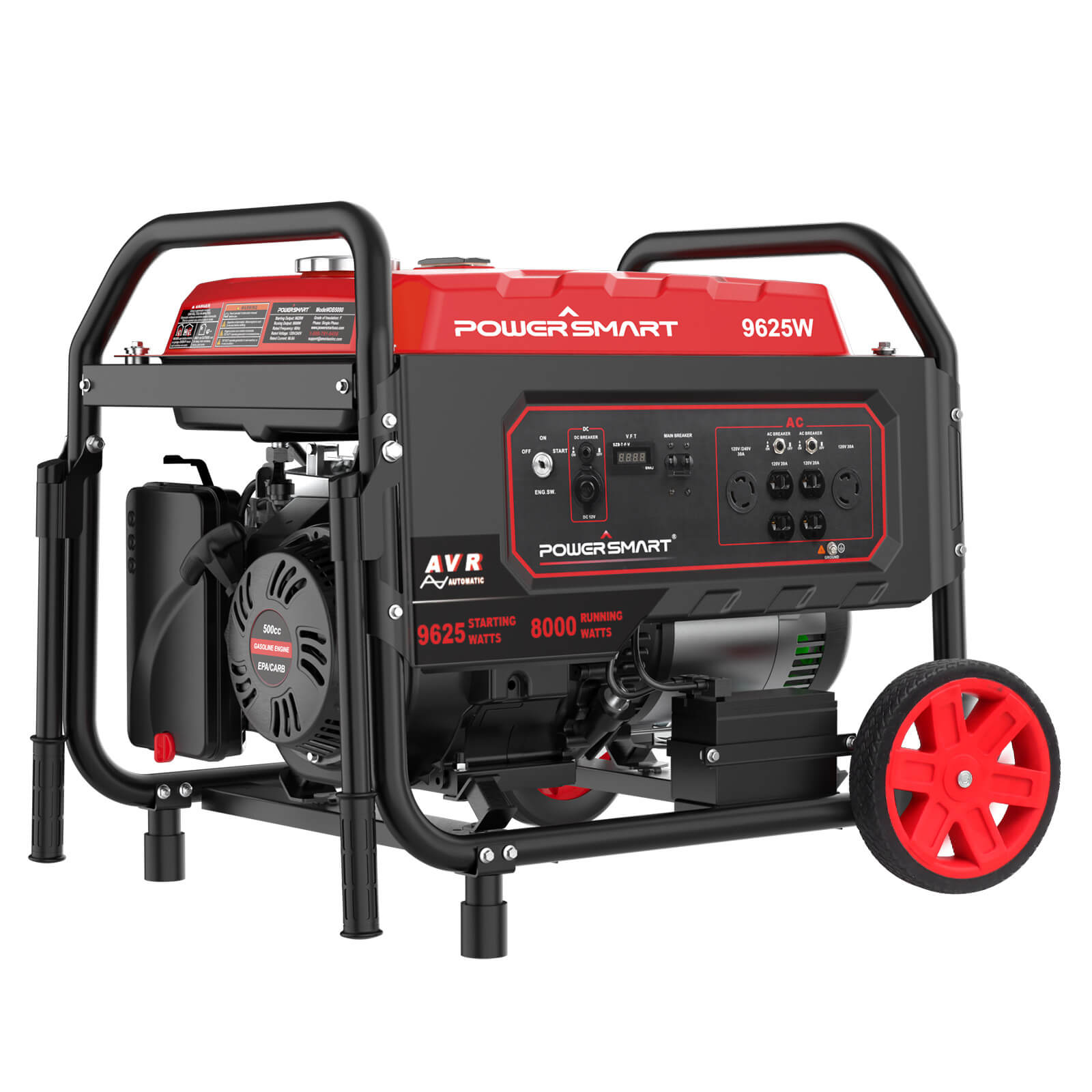 A PowerSmart red and black dual fuel generator with control panel, outlets, and red wheels. Model 9625W delivers 9625 starting watts and 8000 running watts—ideal for heavy-duty power needs.