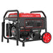 A PowerSmart red and black dual fuel generator with control panel, outlets, and red wheels. Model 9625W delivers 9625 starting watts and 8000 running watts—ideal for heavy-duty power needs.