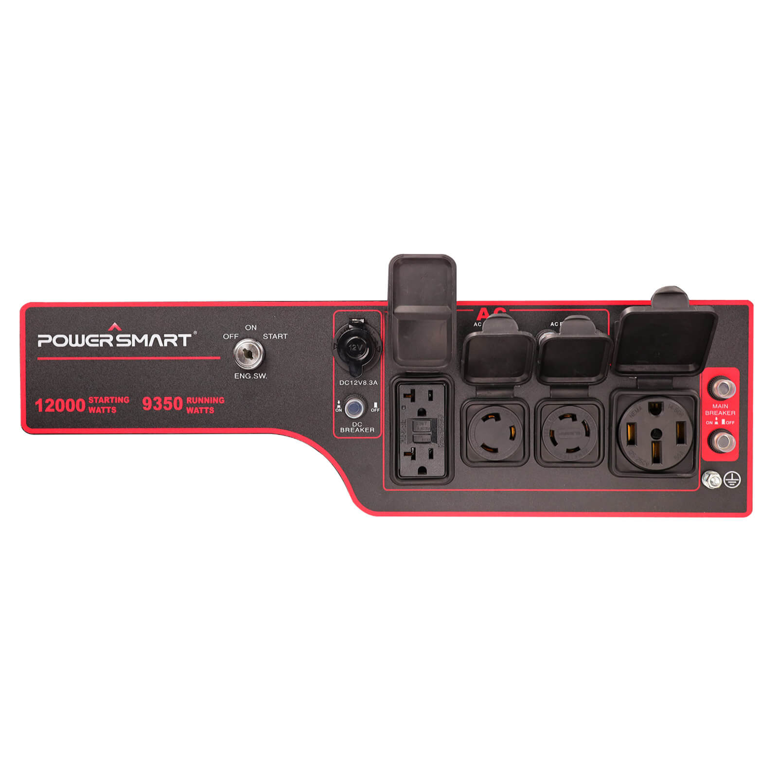 A close-up of the PowerSmart generator control panel showcases its outlets, switches, and display indicating 12,000 starting watts and 9,350 running watts—making it ideal for whole home backup.