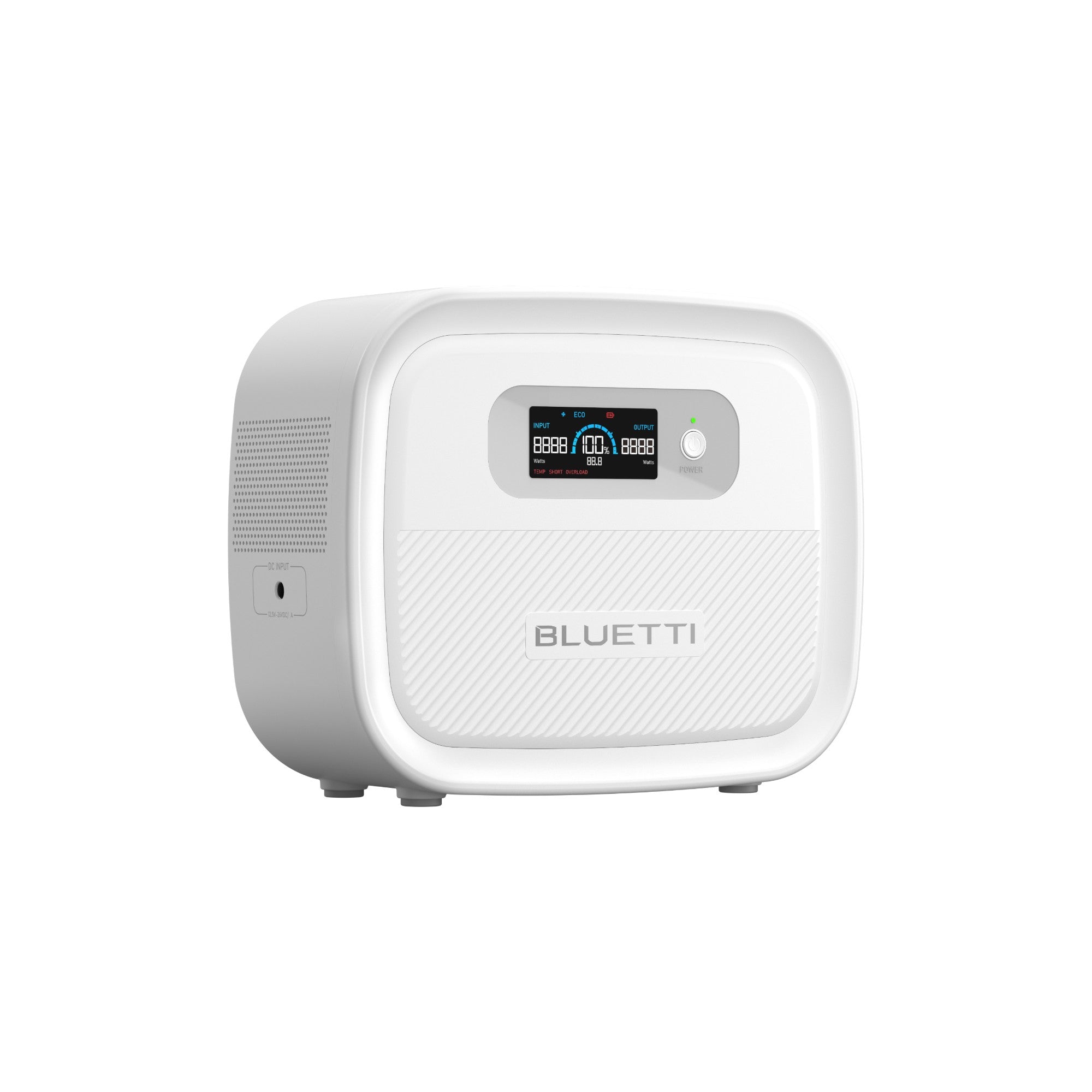 A white Bluetti portable power station featuring a digital display, control buttons, and the Bluetti logo on the front. This compact device has rounded edges and a small vent on the side.