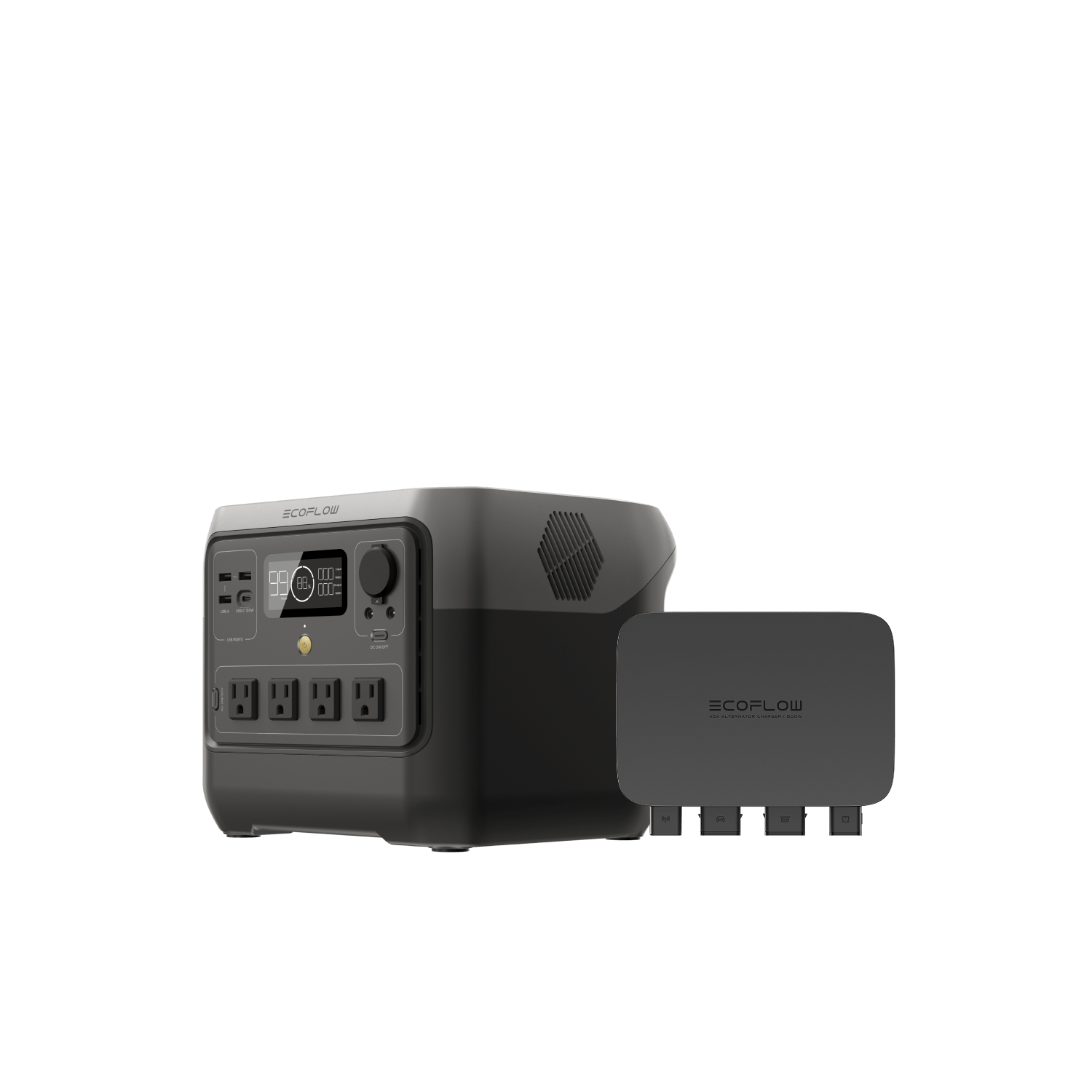 EcoFlow alternator charger side angle showing compact design and build quality