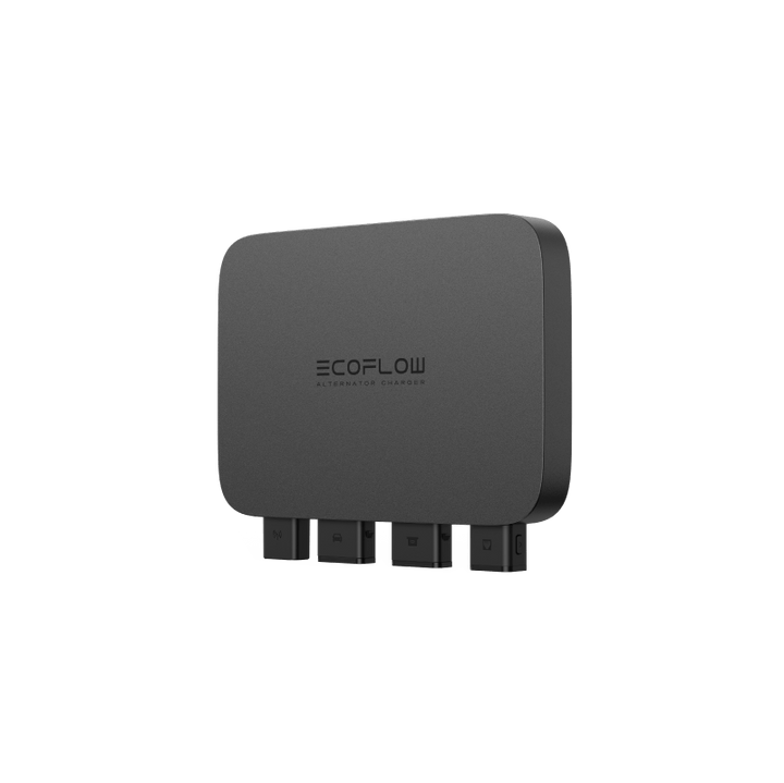 The EcoFlow Alternator Charger is a sleek, black, rectangular portable power station with multiple ports on its bottom edge. Set against a plain white background, its multifunctional design and branding are prominently displayed.