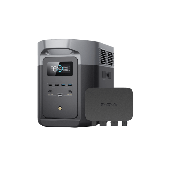 An EcoFlow portable power station with digital display reading 99, featuring multiple ports, is displayed next to a sleek EcoFlow alternator charger module labeled "EcoFlow," which includes three connectors for efficient charging.