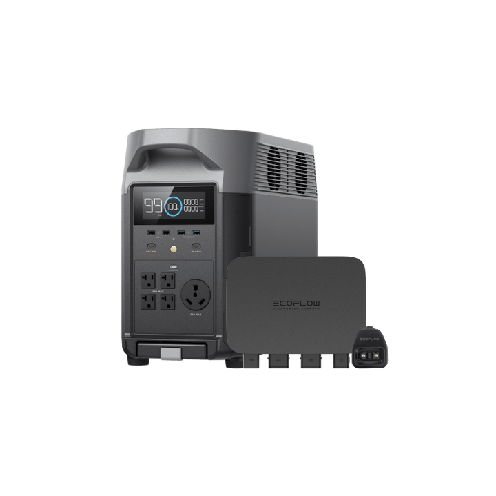 An EcoFlow portable power station with a digital display at 99% charge comes paired with an EcoFlow Alternator Charger. A compact, rectangular EcoFlow attachment provides extra outlet sockets for added versatility.