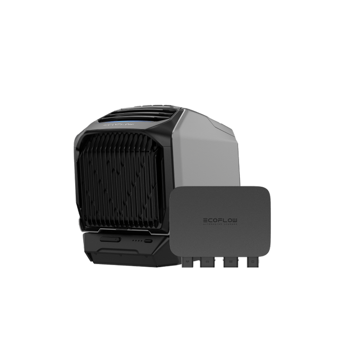 The EcoFlow portable air conditioner features a sleek black grille and gray body. It includes the EcoFlow Alternator Charger, an accessory with three connection ports, enhancing its versatility to meet your cooling needs.