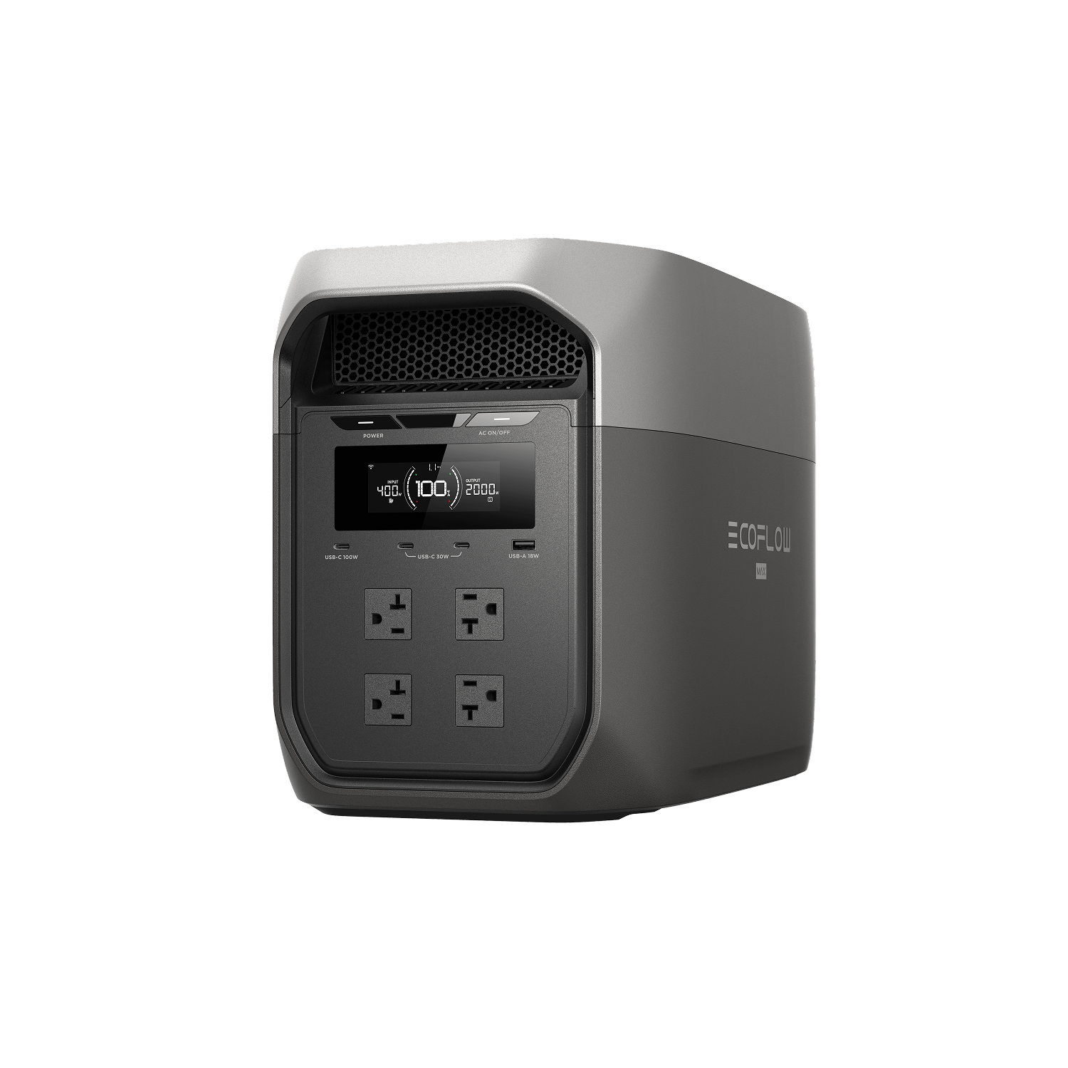 EcoFlow DELTA 3 Max portable power station in Black, front angled view showing display and outlets