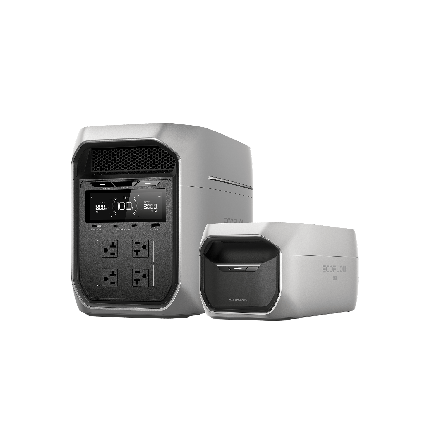 EcoFlow DELTA 3 Max Plus power station shown with the DELTA 3 Max Plus Smart Extra Battery unit
