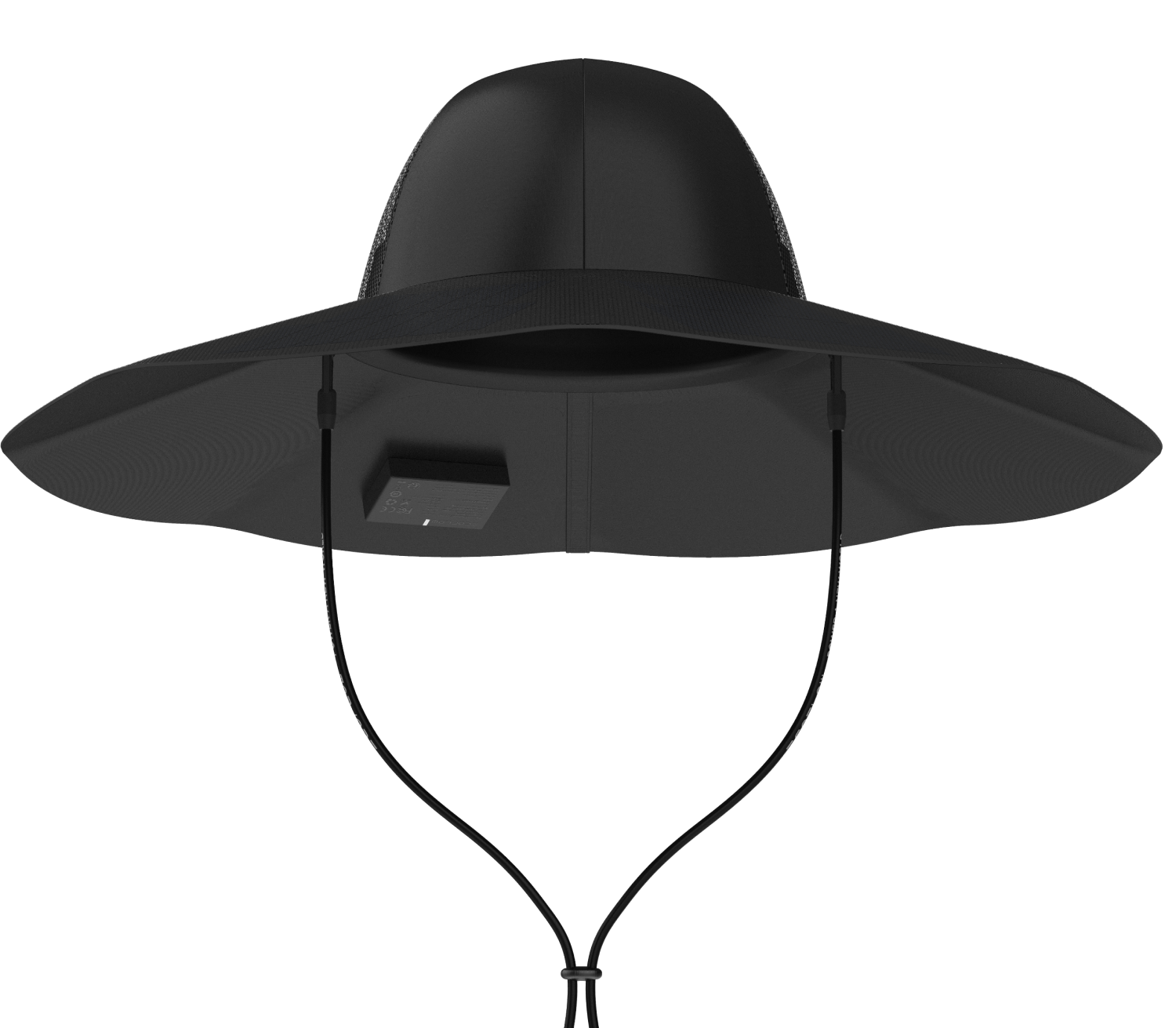 An EcoFlow wide-brimmed black solar hat with a chin strap features an attached rectangular device under the brim for hands-free solar charging, displayed against a plain white background.