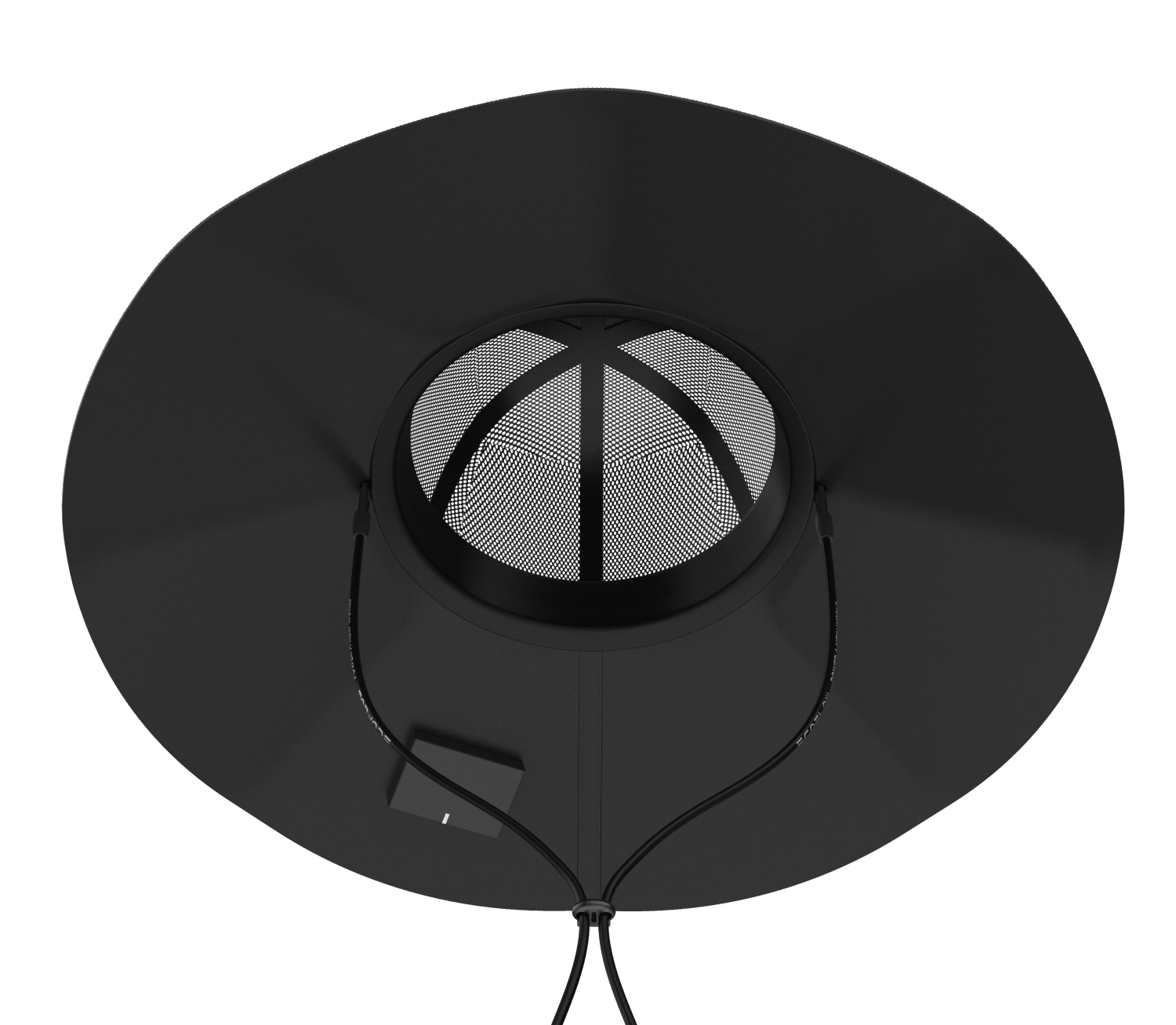 A top-down view of the EcoFlow black wide-brim solar hat, featuring a mesh crown, chin strap with toggle, and small rectangular tag—ideal for hands-free solar charging anywhere.