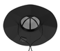 A top-down view of the EcoFlow black wide-brim solar hat, featuring a mesh crown, chin strap with toggle, and small rectangular tag—ideal for hands-free solar charging anywhere.