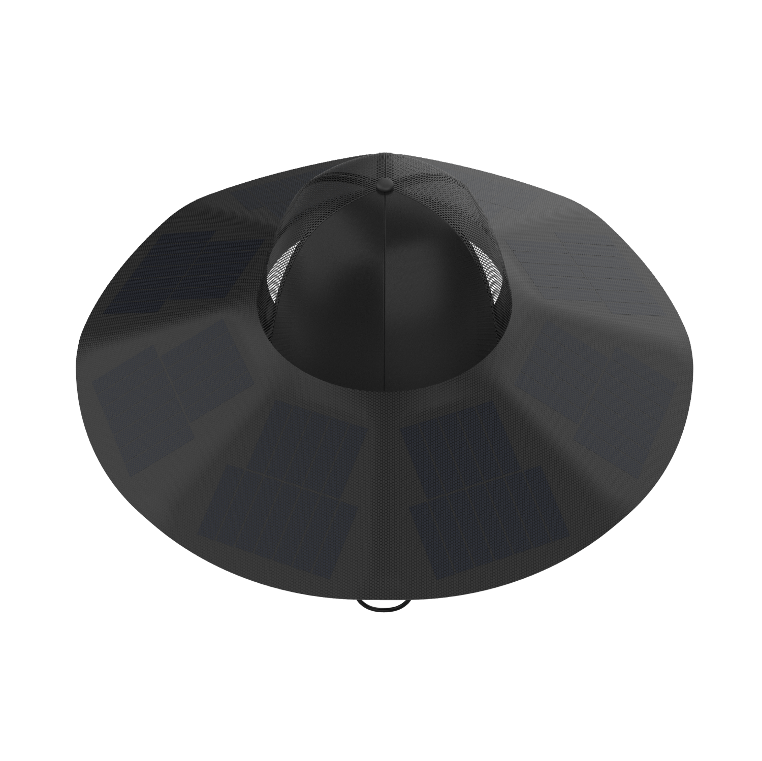 The EcoFlow wide-brimmed black hat features multiple rectangular solar panels on top, photographed from above against a white backdrop—an innovative wearable outdoor power solution.