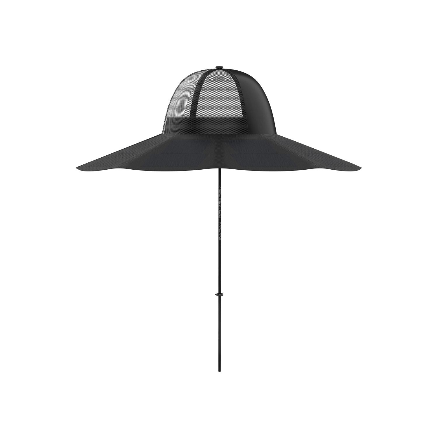 The EcoFlow black wide-brimmed solar charging hat features a mesh crown, chin strap, and is shown from the side on a plain white background—ideal for sun protection and portable device charging outdoors.