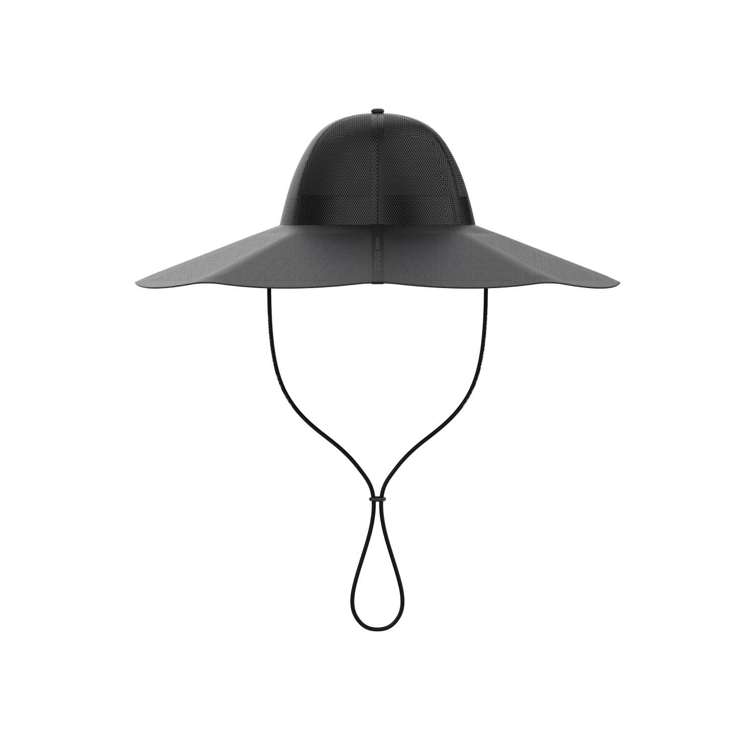 The EcoFlow wide-brimmed black solar hat features a mesh crown, adjustable chin strap, and hands-free solar charging, shown against a plain white background.