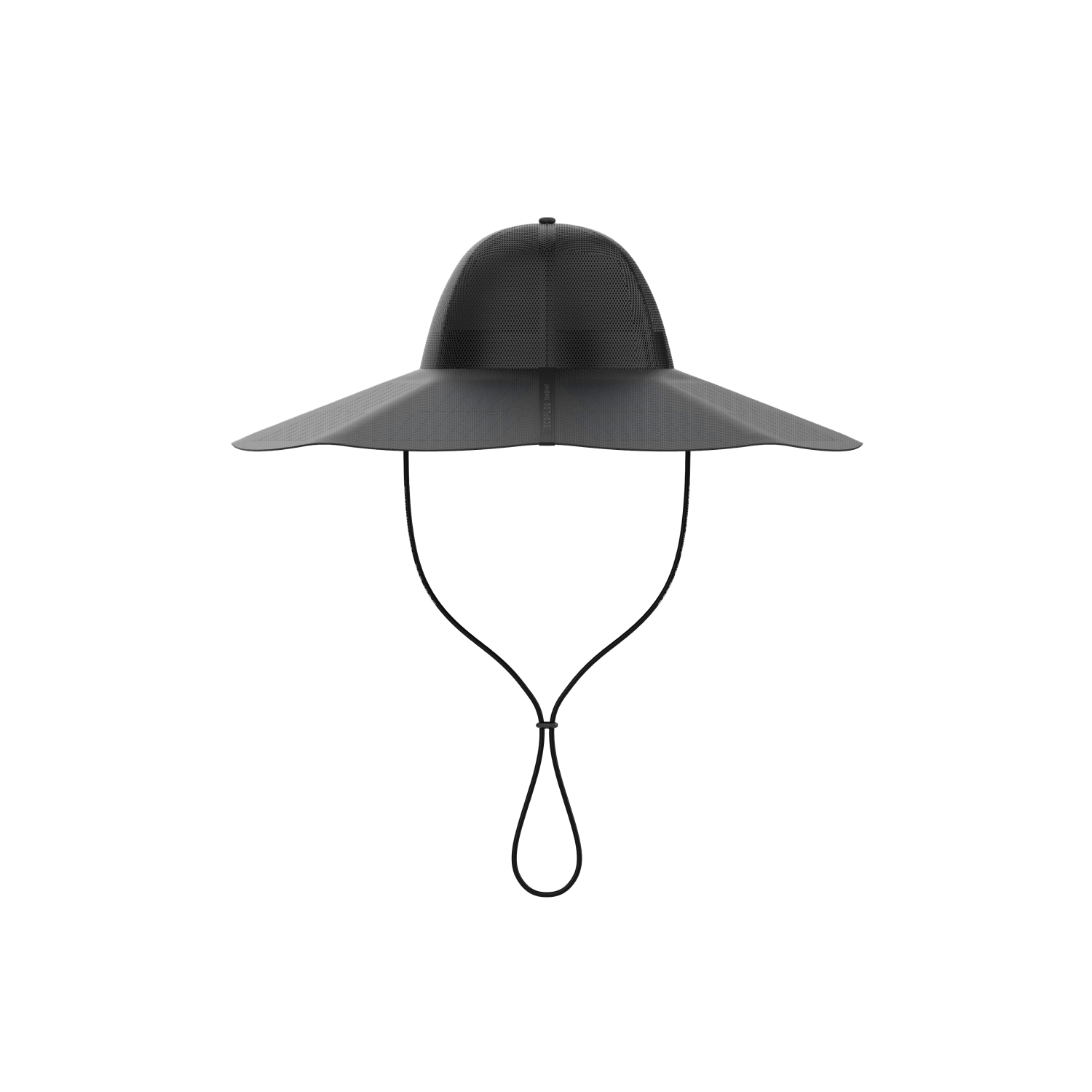 EcoFlow’s wide-brimmed black wearable solar panel hat features a rounded crown and adjustable chin strap, combining stylish sun protection with a seamless outdoor power solution. Displayed against a plain white background.