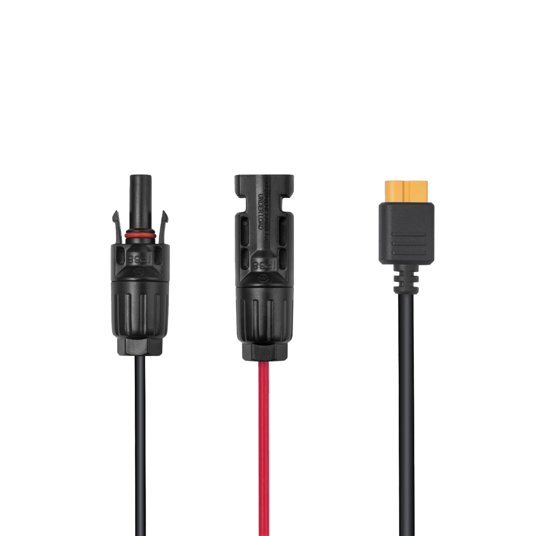 Three EcoFlow electrical connectors are shown against a white background: an MC4 male connector, an MC4 female connector with red wire, and an XT60 connector with black wire—ideal for EcoFlow MC4-XT60 cable or solar panel setups.