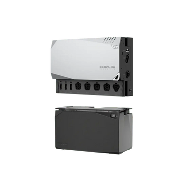 The EcoFlow Power Hub, in white, is wall-mounted above a dark gray battery unit, both part of the EcoFlow Power Kits. The hub has black connectivity ports and acts as a plug-and-play solution. Both devices feature branding labels; the sleek battery unit also has a slight overhang.