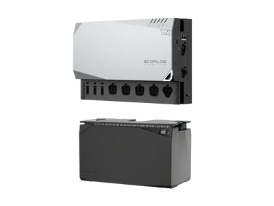 The EcoFlow Power Hub, in white, is wall-mounted above a dark gray battery unit, both part of the EcoFlow Power Kits. The hub has black connectivity ports and acts as a plug-and-play solution. Both devices feature branding labels; the sleek battery unit also has a slight overhang.