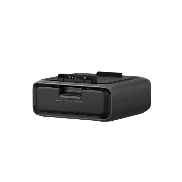 A black EcoFlow RIVER 3 Plus smart extra battery for a drone is shown against a white background. It’s rectangular with a smooth surface, featuring a slot and connector on top. The front reads "SMART EXTRA BATTERY," highlighting its role as a portable energy solution.