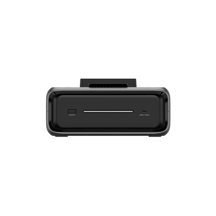 A front view of a sleek black device with an EcoFlow-like design, features a card slot and two buttons for "EJECT" and "VIDEO MODE." Its compact design rivals the portability of carrying an Extra Battery 300.