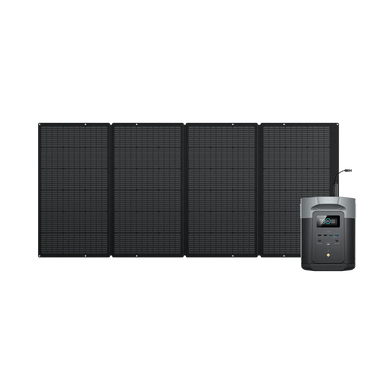 An EcoFlow DELTA 2 Max portable power station with a display screen is connected to four black EcoFlow 400W portable solar panels, arranged side by side against a white background.