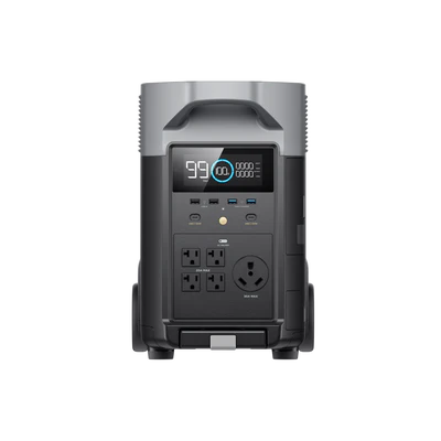 The EcoFlow DELTA Pro portable power station includes X-Boost technology and an LCD display indicating a 99 percent charge. Its front panel is equipped with a variety of ports: four USB ports, one USB-C, one USB-A, three AC outlets, and a DC outlet.
