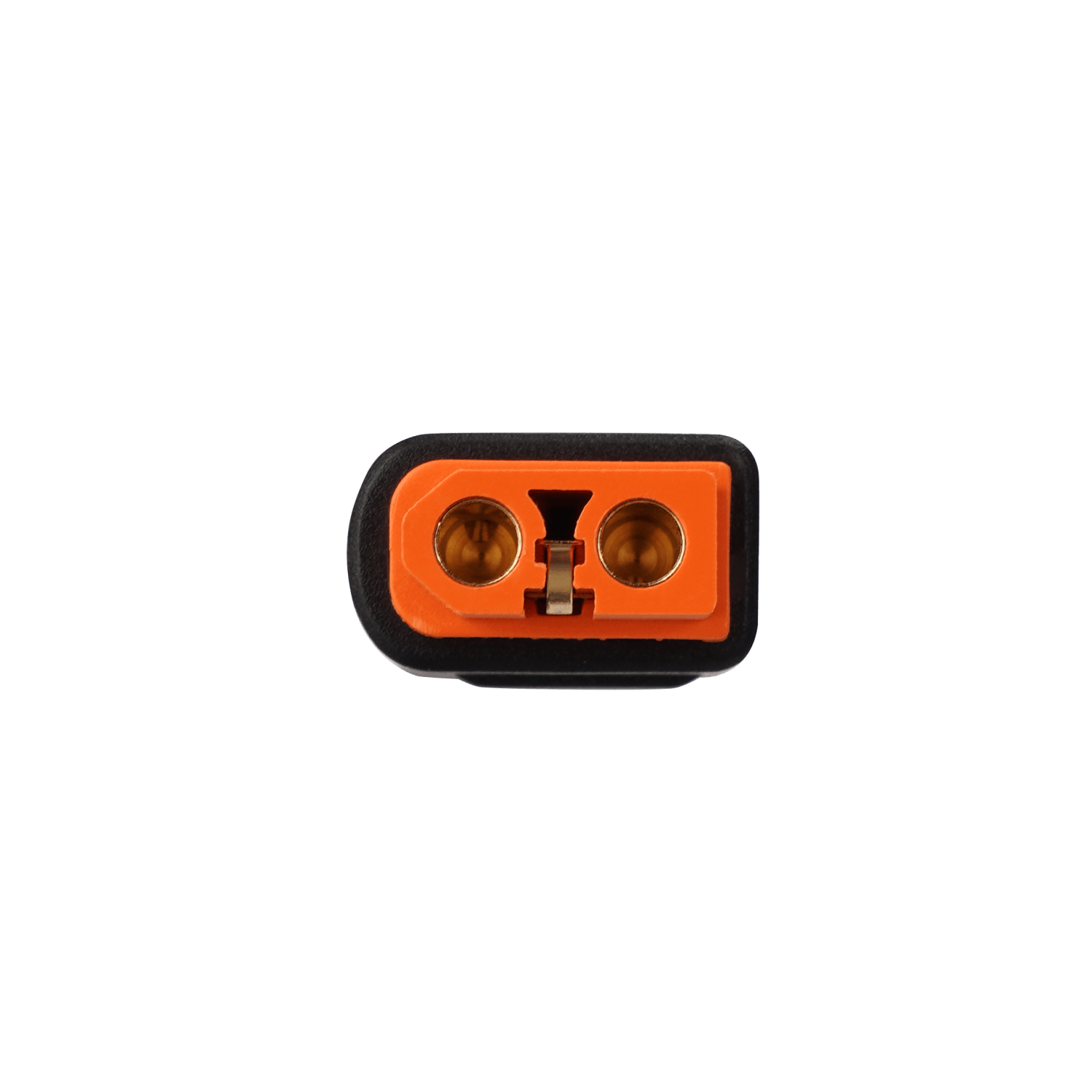 Close-up of an orange and black EcoFlow solar panel connector featuring two circular metal contacts and a central notch, shown on a plain white background—compatible with EcoFlow power station cables.