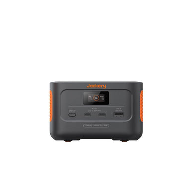 A Jackery portable power station with digital display, LED indicators, versatile ports, and signature orange accents is displayed against a plain white background.