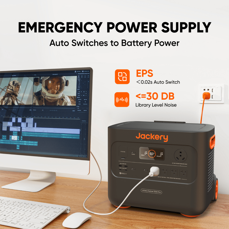 A Jackery emergency power supply with a LiFePO4 battery charges a device on a desk beside an active video editing monitor. Text highlights Jackery’s fast auto-switching to battery, low noise, and ultra-fast solar charging features.