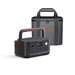A Jackery portable power station with multiple ports and a handle is displayed in front of its matching gray carrying case with orange accents and the Jackery logo, both set against a plain white background.