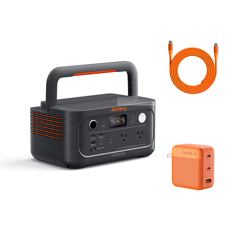 A Jackery portable power station (E500v2) with multiple ports, an orange USB cable, and a compact orange wall charger provide reliable backup power. All items are displayed on a white background.