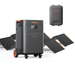 The Jackery Explorer 5000 Plus is a portable, grey power station with orange accents, wheels, multiple outlets, foldable solar panels, and a wall-mounted charging unit—ideal for reliable backup power.