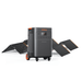 A Jackery Explorer 5000 Plus portable power station with wheels and multiple outlets is positioned in front of four black foldable solar panels with orange accents, arranged in a zigzag. Both products are from Jackery.