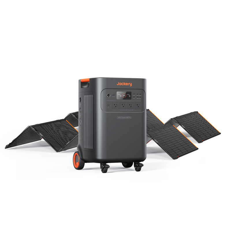 A Jackery Explorer 5000 Plus portable power station with wheels and multiple outlets is positioned in front of four black foldable solar panels with orange accents, arranged in a zigzag. Both products are from Jackery.
