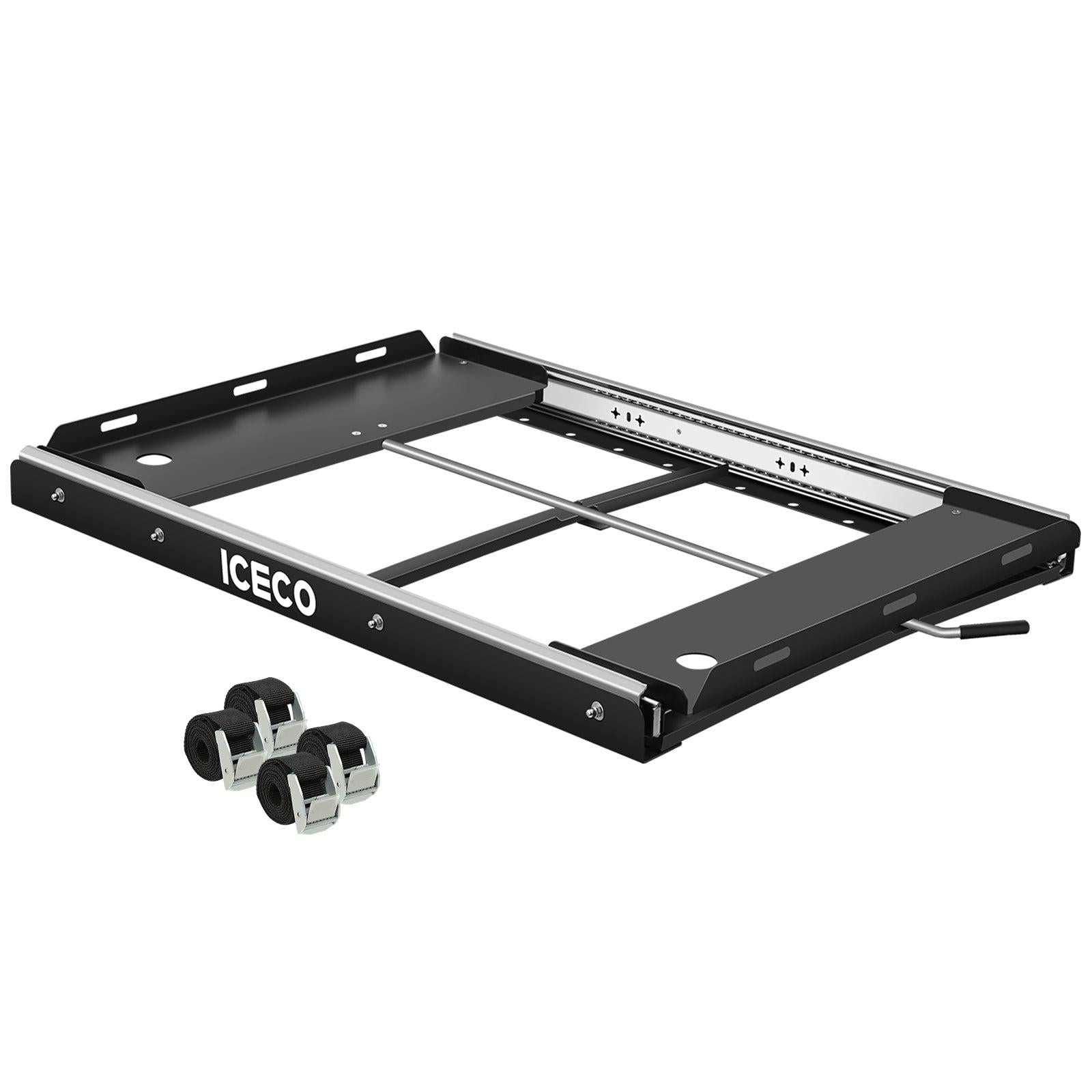 The ICECO Wholesale black sliding tray, made from heavy-duty steel with a strong metal frame for vehicle mounting, features a lever handle and three assembly components. It's designed to complement the APL55/VL60PRO Mounting Slide for portable fridges.