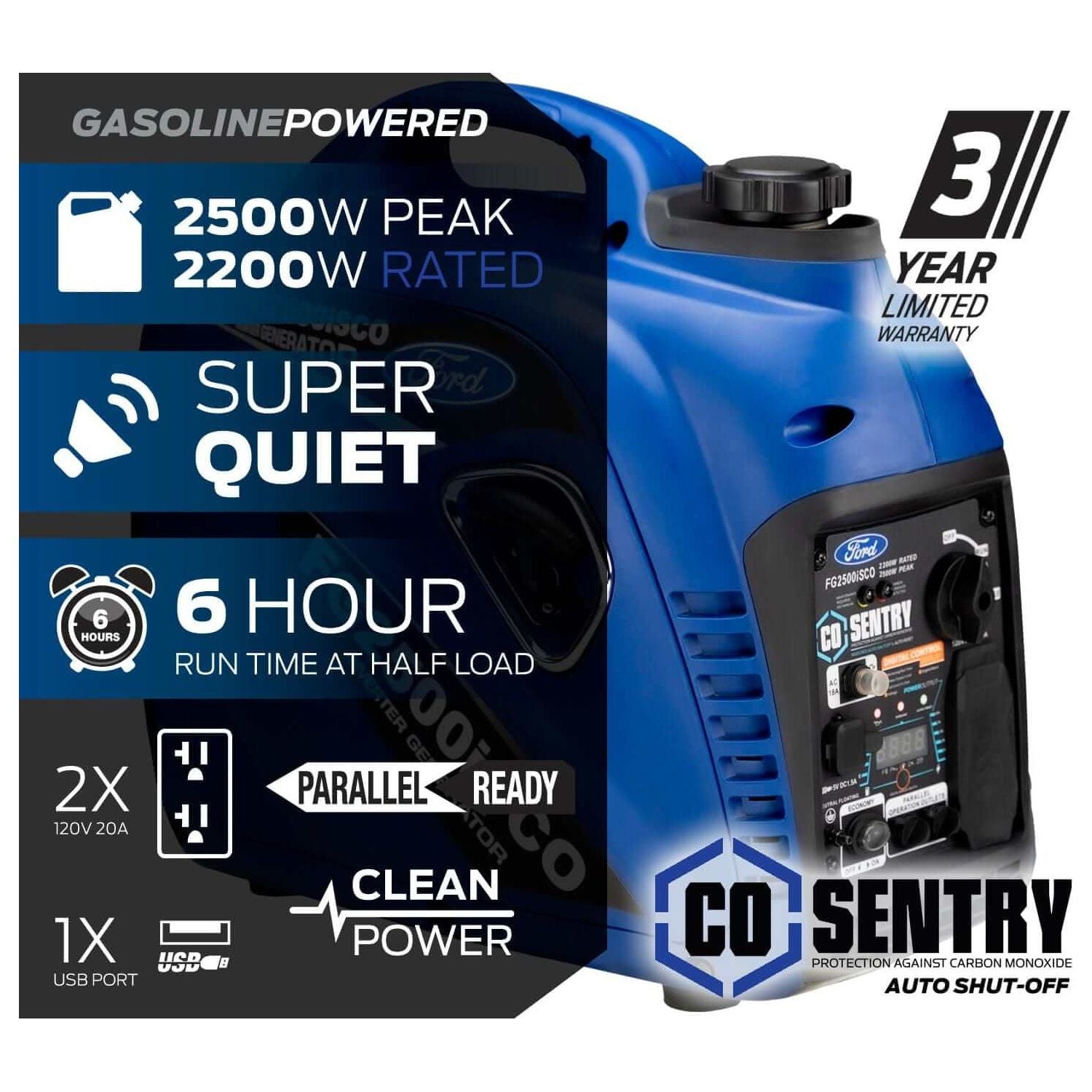 Ford Inverter Generator Ford FG2500ISCO 2,500-Watt Recoil Start Gasoline Powered Inverter Generator with – CARB Compliant