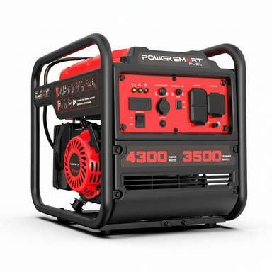 The PowerSmart portable generator features a red and black design and a control panel with switches, outlets, and displays. Delivering 3500 running watts and 4300 surge watts, it provides reliable power wherever you need it.