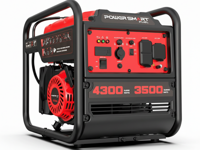 The PowerSmart portable generator features a red and black design and a control panel with switches, outlets, and displays. Delivering 3500 running watts and 4300 surge watts, it provides reliable power wherever you need it.