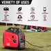 A red PowerSmart portable generator with quiet operation sits on grass, ideal for camping. Behind it are a tent and people. A graphic above lists uses and wattages: RV, tailgating, hunting, cellphone, DIY projects, backup, and light.