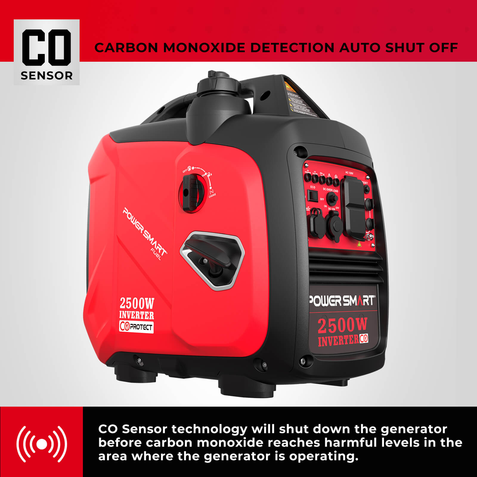 A red and black PowerSmart 2500W portable generator with labeled controls and a handle. It’s ideal for camping, features quiet operation, a carbon monoxide sensor, and automatic shutoff for added safety.