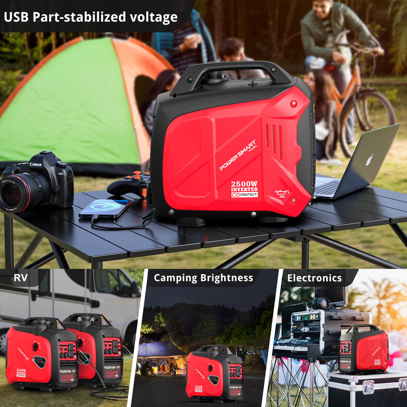 A red PowerSmart portable generator for camping rests on a table outside near a tent and camera. Smaller images show quiet RV use, campsite lighting, and powering electronics. Text highlights USB voltage stabilization.