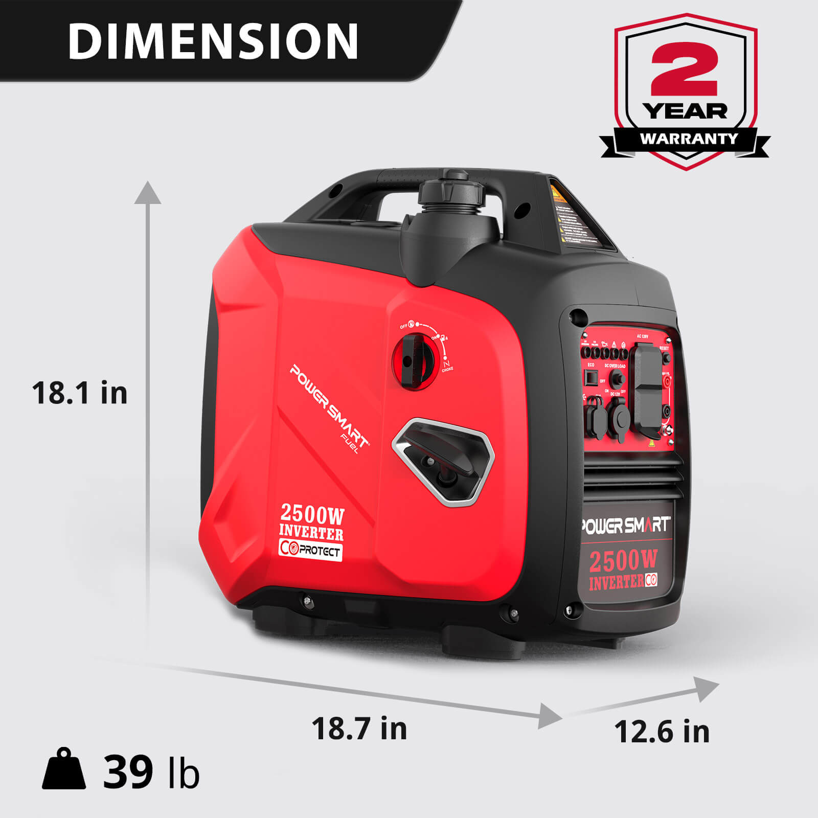 The PowerSmart red and black quiet portable inverter generator measures 18.1" tall, 18.7" wide, 12.6" deep, weighs 39 lbs, is fuel-efficient, and comes with a 2-year warranty.