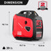 The PowerSmart red and black quiet portable inverter generator measures 18.1" tall, 18.7" wide, 12.6" deep, weighs 39 lbs, is fuel-efficient, and comes with a 2-year warranty.