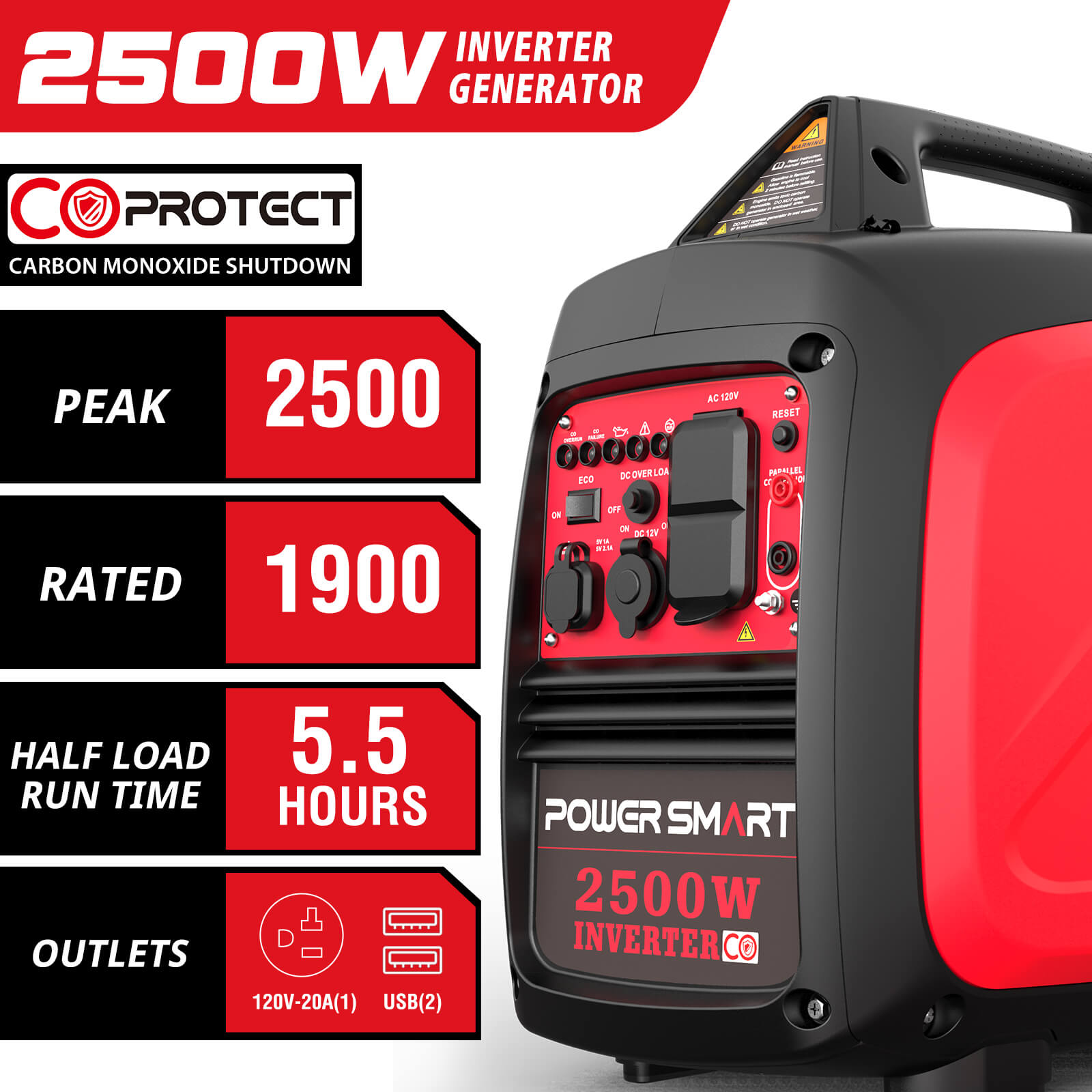 A red and black PowerSmart 2500W portable generator features 2500W peak power, 1900W rated output, quiet operation, 5.5-hour run time at half load, 120V-20A and USB outlets, plus CO Protect carbon monoxide shutdown.