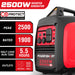 A red and black PowerSmart 2500W portable generator features 2500W peak power, 1900W rated output, quiet operation, 5.5-hour run time at half load, 120V-20A and USB outlets, plus CO Protect carbon monoxide shutdown.