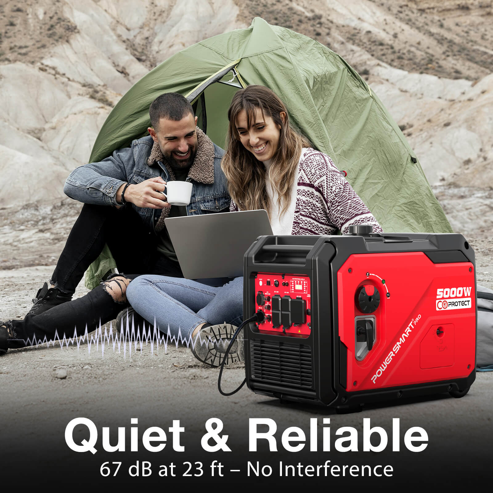 A man and woman sit outside a green tent in a rocky area, using a laptop powered by a PowerSmart generator. Text on the image reads, “Quiet & Reliable, 67 dB at 23 ft – No Interference.”.