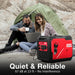 A man and woman sit outside a green tent in a rocky area, using a laptop powered by a PowerSmart generator. Text on the image reads, “Quiet & Reliable, 67 dB at 23 ft – No Interference.”.