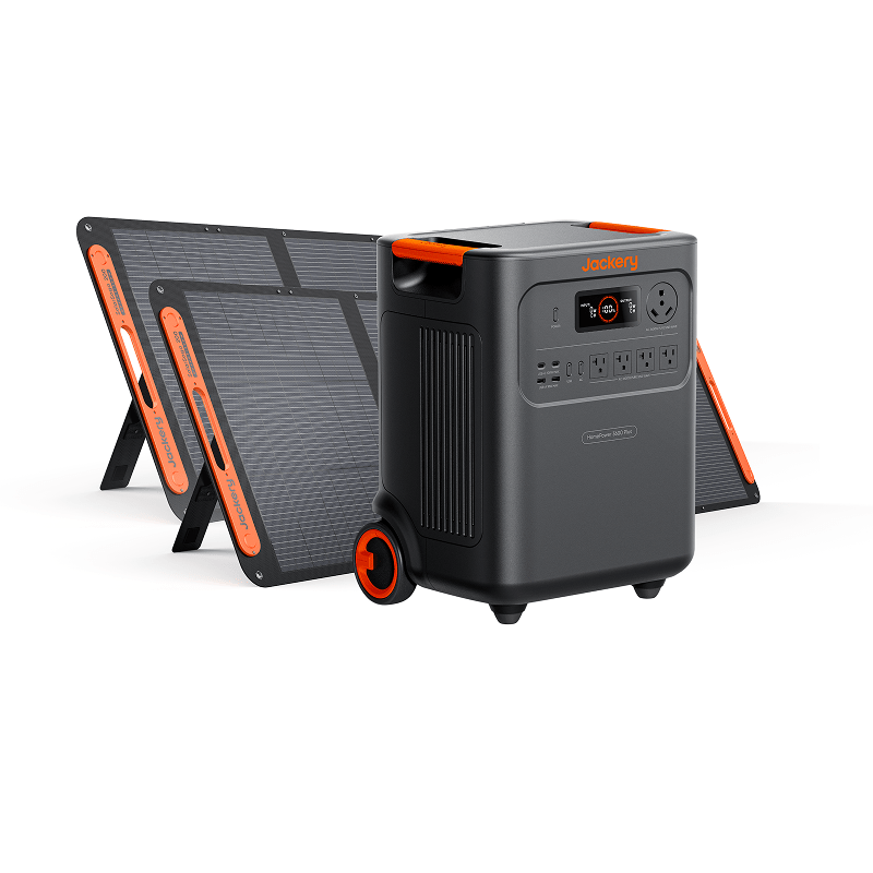 A Jackery portable power station with a 3584Wh capacity, orange handle, and wheels is shown in front of two folded solar panels. The generator includes multiple power outlets and a digital display on the front panel.