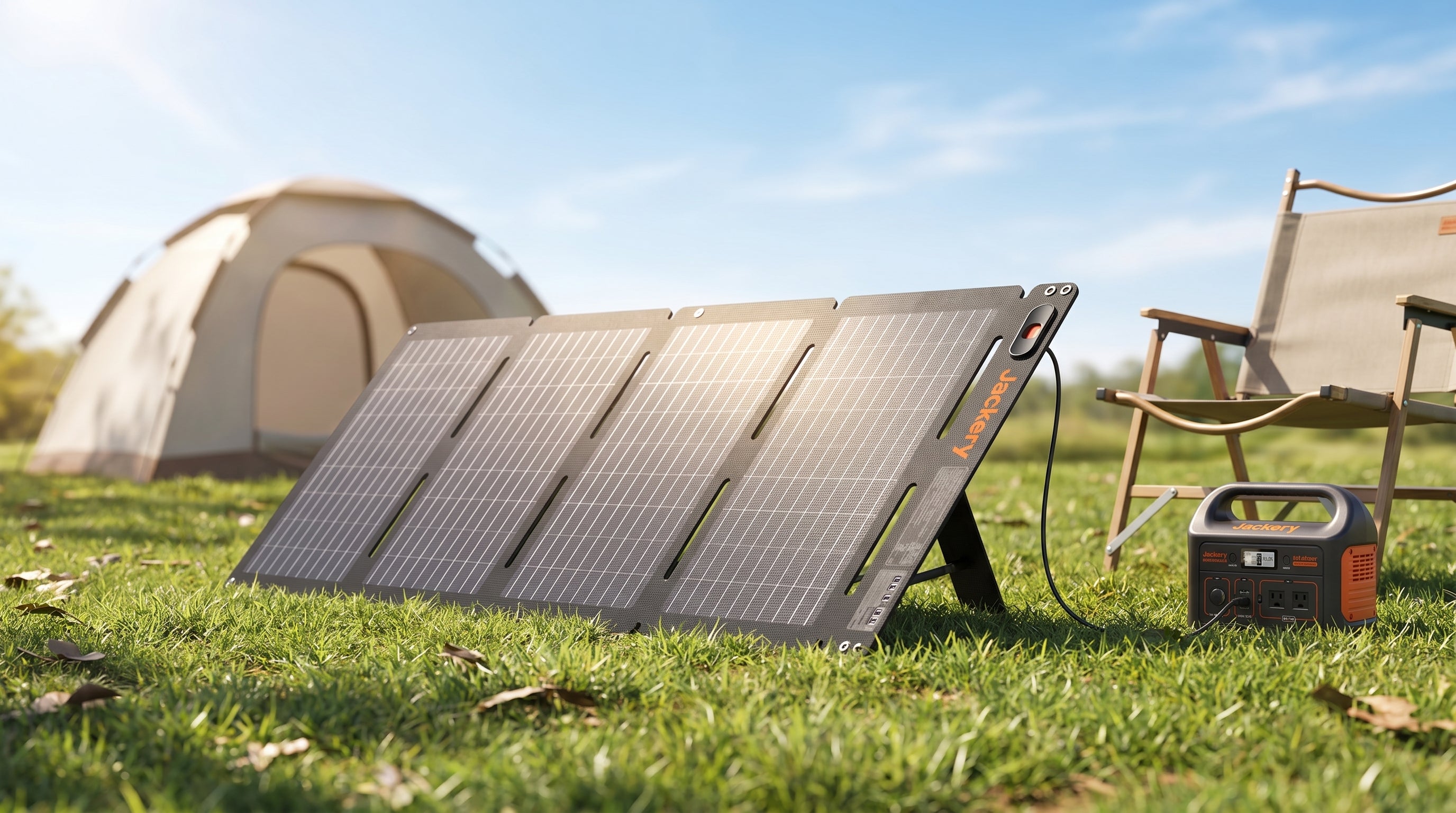 Jackery SolarSaga 40 Air solar panel charging a Jackery power station at a sunny campsite
